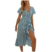 Női nyári ruhák rövid női nyomtatás Bohém V-nyakú A-Line Nyomtatott Virágos alkalmi ruha ujjú Női ruha