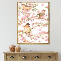 Szép madarak a virágzó mandula keretes festmény ágain