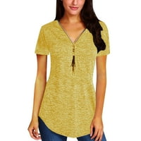 Női felsők nyári alkalmi rövid ujjú v-nyakú laza szilárd fél cipzáras pólók Sárga XL