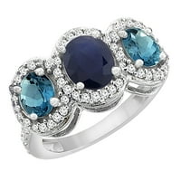 10k fehér arany természetes kék zafír & London kék topáz 3-kő gyűrű ovális gyémánt akcentus, Méret 6.5