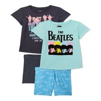 A Beatles Girls grafikus felsők és motoros rövidnadrág, 4 darabos ruhakészlet, Méretek 4-18