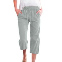 Len nadrág női magas derekú széles láb Capris nyári alkalmi Rugalmas derék nyírt nadrág zsebekkel