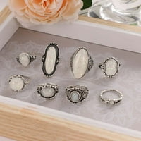 állítsa Ötvözet átlátszó fehér ezüst színű opál kőfaragás Bohém Ékszerek Női Gyűrű készletek Inset közös gyűrű Vintage