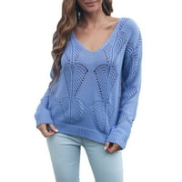 Voncos női pulóverek-Pulóver Alkalmi a Clearance Hosszú ujjú v nyakú laza női pulóverek felsők Kék S méret