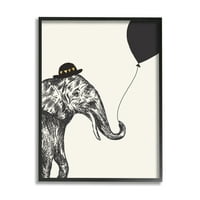 Stupell Industries Elefánt Derby Hat -tal, fekete ballon grafikus művészete fekete keretes művészet nyomtatott fali