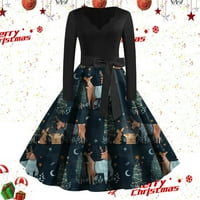 Női divat nyomtatott ruha Patchwork Vintage ruha bankett ruha Karácsonyi Party haditengerészet L