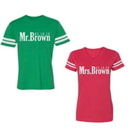 Mr. Mrs. Brown Unise pár megfelelő Pamut mez stílusú póló kontrasztos csíkok az ujjakon