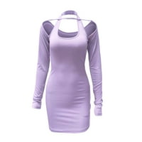 Alkalmi ruhák nőknek divatos Őszi Hosszú ujjú kötőfék nyak ruha Egyszínű fedél rövid ruha Lila XL