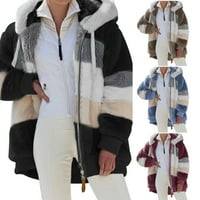 Női téli Fuzzy gyapjú kabát kapucnis Színes blokk Patchwork kardigán kabátok Felsőruházat zsebekkel