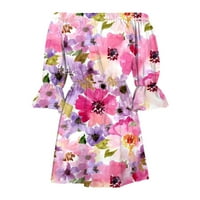 Aranyos nyári ruhák a nők Molett méretű Vintage virágmintás Off váll tunika Laza illesztés Bell Sleeve Mini virágos