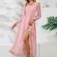 Lovskoo Női ruhák nyári Szexi Divat Alkalmi Vékony Alkalmi Hosszú ujjú v-nyakú boka ruha S-Xl Rózsaszín