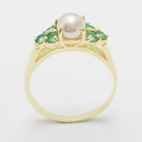Brit készült 18K sárga arany tenyésztett gyöngy & Emerald Női klaszter gyűrű - méret opciók-méret 9.25