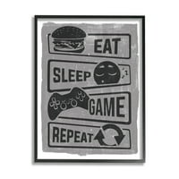 A Stupell Industries Eat Sleep Game ismétlődő mondatok videojátékok ikonok újdonsága Festés fekete keretes Art Print