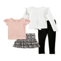Rózsaszín bársonyos lányok grafikus póló, hosszú ujjú póló, fodros szoknya és nadrágos ruhák, 4-darab, méretek 4-12