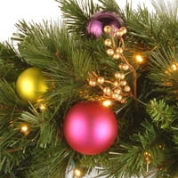 Nemzeti fa Társaság előre megvilágított mesterséges Karácsonyi koszorú, Zöld, kaleidoszkóp, fehér fények, díszített