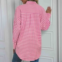 Őszi Pulóverek Női Turndown gallér póló nyomtatás rács Hüvely póló Rózsaszín L