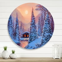 Designart 'A folyóház az erdőben és a téli tájban I' Lake House Circle Metal Wall Art - 23 -as lemez