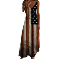 Dyegold Sundresses nőknek Alkalmi Strand-női Maxi ruhák V nyakú ujjatlan amerikai zászló hazafias Spagetti heveder