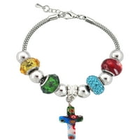 Silvertone Glass Dangle Cross Cross és Glass Beads karkötő kiterjesztővel, 7,5