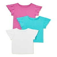 A Wonder Nation lányok fodros ujjú gyerek kemény slub pólók, 3-csomag, méretek 4- & Plus