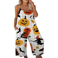 Biekopu Női Halloween heveder Rompers rajzfilm tök denevér nyomtatás széles láb hosszú Playsuit Loungewear zsebekkel