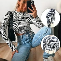 Új női Zebra Print Crewneck ing vékony, hosszú ujjú pulóver ing fekete-fehér L