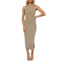 Esküvői Vendég Ruhák Női Ujjatlan Üreges Ki Karcsú Bodycon Ruha Crewneck Crisscross Ruched Hasított Bordázott Kötött