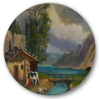A DesignArt 'Girl a tehén a tónál egy tó parasztház körfém fémfali művészetében hozza a tehénet - 36 -as lemez