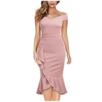 Nyári ruhák nőknek Rövid ujjú Térdig érő aranyos szilárd köpeny Dátum V-nyakú ruha Rózsaszín XXXL
