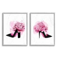 Stupell Industries Flower Heel Pink Black Glam divattervezés keretes fal művészet by Grace Popp