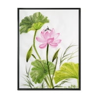 Designart 'Egyetlen szüreti rózsaszín lótuszvirág zöld levelekkel' hagyományos keretes vászon fali művészet