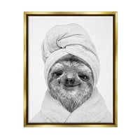 A Stupell Industries Sloth fürdőköpenyben állati portré állatok és rovarok festés arany úszó keretes művészeti nyomtatási