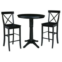 3 darabos tömörfa Bármagasságú étkezőkészlet 36 kerek talapzatú asztallal és kereszt hátsó székekkel, fekete színben,