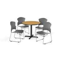 Multi-Use szünet szoba csomag, 36 kerek asztal műanyag Stack székek, tölgy kivitelben X-Style talapzat bázis és Navy