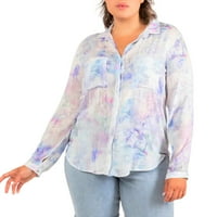 Női plusz pasztell nyomtatás Hosszú ujjú Gomb lefelé felső ing-kék 1x