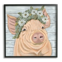 Stamell Happy Pig Daisy Blossom Crown állatok és rovarok Festés fekete keretes művészet nyomtatott fali művészet