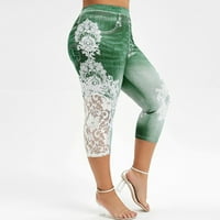 Könnyű nadrág nők, női divat plusz méretű csipke nyomtatás Splice Elasztikus derék alkalmi Leggings nadrág Zöld 5x-nagy
