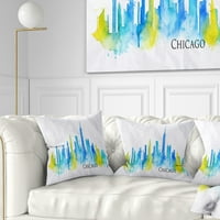 Designart Chicago Blue Green Silhouette - Cityscape Dobás Párna - 18x18