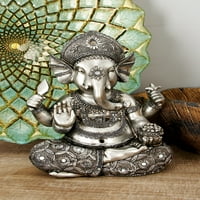 DecMode 7W 9H in. Ezüst Polystone ülő Ganesh szobor tükör díszítéssel