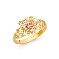 Szív & Rose Ring szilárd 14K sárga rózsa arany Fancy Flower Band filigrán Design két hang Méret 9