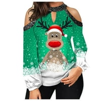 keusn Off váll felsők Női alkalmi karácsonyi rénszarvas nyomtatás Lámpás ujjú ingek xmas üreges crewneck pulóver zöld