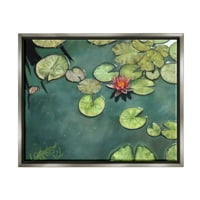 Stupell Industries Pond Lily Lotus Lotus Blossom Békés Botanikumok Festés csillogó szürke úszó keretes vászon nyomtatott