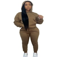 Glonme két kapucnis pulóverek és Sweatpants Női sima Sport Sweatsuits Loungewear Zsinóros Jogger szett zsebekkel Brown