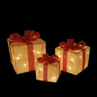 Arany talmi ajándékdobozok, piros íjakkal megvilágított karácsonyi kültéri dekorációk