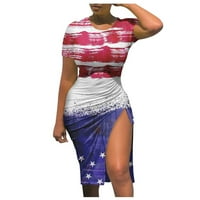 Július 4. nyári ruhák Női Bodycon Rövid ujjú hasított Ruched Club Party Midi ruha amerikai zászló nyomtatott Függetlenség