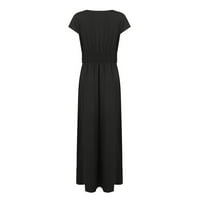 Nyári ruhák Női Női Egyszínű mély V-nyakú Rövid ujjú hosszú ruha rakott magas derék osztott Ruha Fekete XL