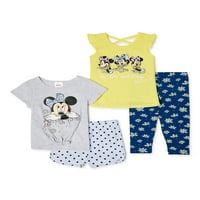 Minnie Mouse Mouse Toddler Girls Mi 'n Match Póló, Tank Top, rövidnadrág és nadrág, 4 részes ruhakészlet, Méretek 2T-5T