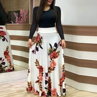Állandó nyári ruhák nőknek Női Hosszú ujjú Virágmintás Laza esküvői ünnepi Party Splice Maxi ruhák Fehér Xl