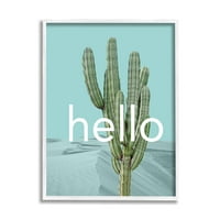 Stupell Industries merész Hello Cactus köszöntő kék sivatagi dűnék grafikus művészet fehér keretes művészet nyomtatott