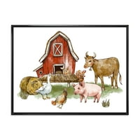 Designart 'Farm House Goose Cow Pig Chicken és Szénakocsi' rusztikus keretes vászon fali művészet